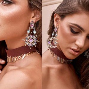 Moon and star jeweled fashion pendant earrings